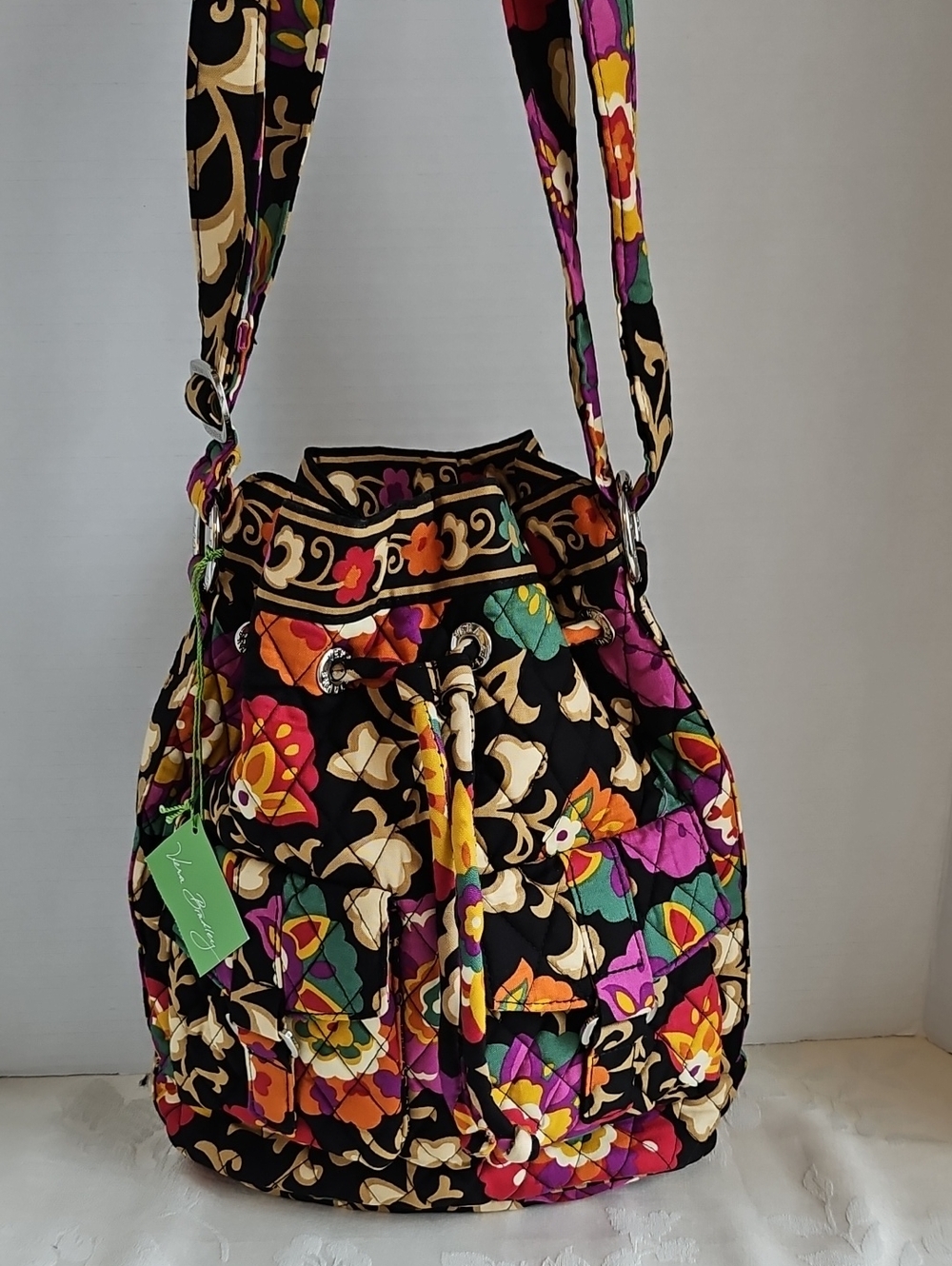 Vera Bradley Black Multi Floral Quilted Drawstring Quick Draw Suzani Bucket Bag